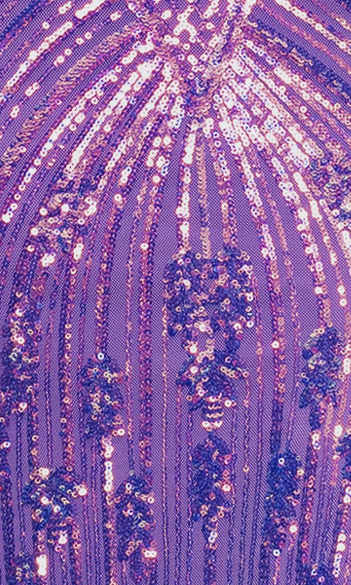 Close-up of the Blondie Nites 6048BN long prom dress in purple, featuring shiny sequins arranged in curved and vertical lines with clusters to create a decorative pattern.